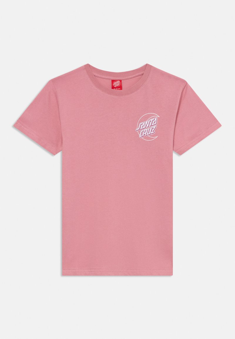 Roze kokvilnas T-krekls ar īsām piedurknēm, apaļu kakla izgriezumu un baltu "Santa Cruz" logo, kas drukāts kreisajā krūtī. Gluda tekstūra.