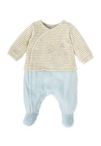Mono de bebé de rayas beige y crema con mangas largas y parte inferior azul, que presenta un bordado de un ratón y cierres de presión en la parte delantera y las piernas.
