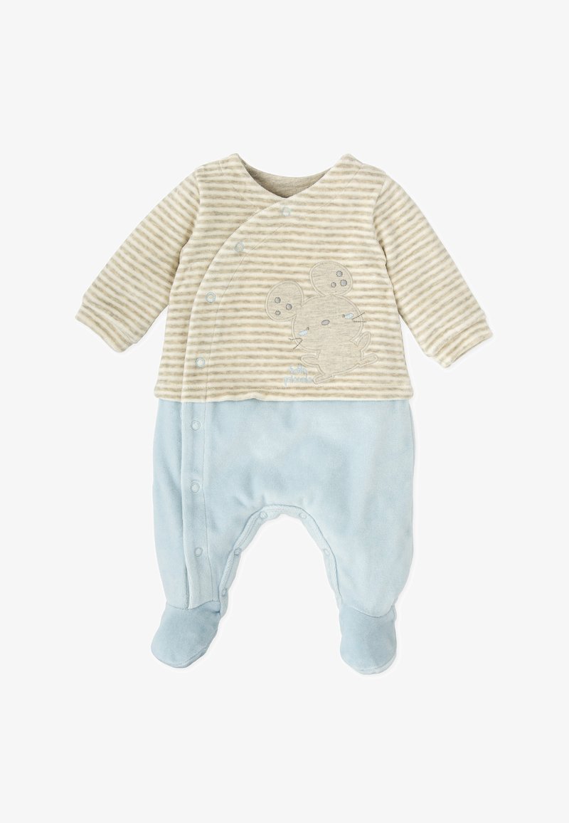 Mono de bebé de rayas beige y crema con mangas largas y parte inferior azul, que presenta un bordado de un ratón y cierres de presión en la parte delantera y las piernas.