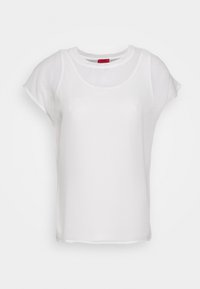 Bílý krátký rukáv s kulatým výstřihem, vyrobený z měkké látky. Má volný střih a hladkou strukturu s jemným leskem.