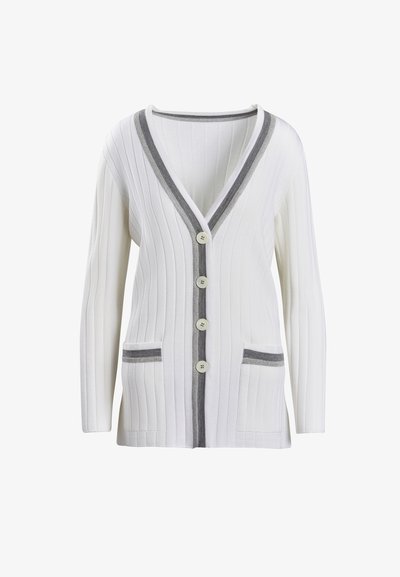 Bela rebrasta jopica z dolgimi rokavi, z V-izrezom, sivo obrobo, petimi gumbi in dvema sprednjima žepoma s sivimi poudarki.