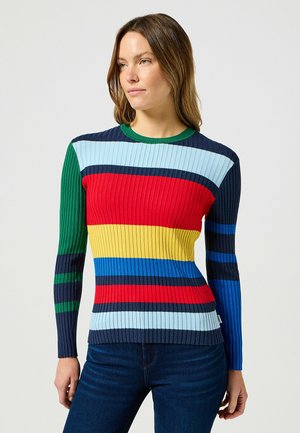 Maglione a coste con maniche lunghe caratterizzato da strisce orizzontali in verde, rosso, giallo, blu, blu navy e blu chiaro. Design con collo a giro.