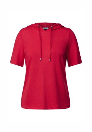 Haut à capuche rouge à manches courtes en tissu léger, doté d'un col à cordon de serrage, d'une coupe décontractée et d'une texture lisse.