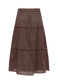 Jupe midi marron à volants avec ceinture élastique et bordure décorative ajourée horizontale sur les volants, en tissu léger.
