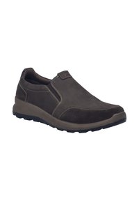 Scarpe slip-on marroni in pelle e suede, con dettagli in cucitura, suola imbottita e design con punta arrotondata.