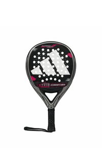 Zwarte paddle met een carbonstructuur, witte cirkelvormige gaten, roze accenten en een handvat met textuur. Voorzien van een geïntegreerde polsriem.