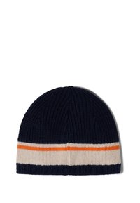 Pletená čepice v námořnické modři s krémovým a oranžovým vodorovným pruhem. Texturovaná tkanina, zaoblená koruna a těsné padnutí.