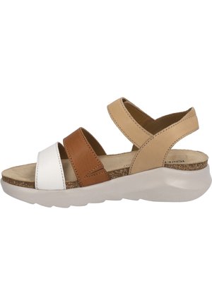 Slide sandal featuring three wide straps in white, brown, and tan leather. Cork footbed on a translucent rubber sole for comfort and support.