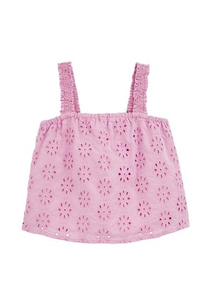 T shirt sans manches en coton rose avec des bretelles à volants, présentant des motifs de fleur en œillet sur l'ensemble et un col élastique froncé.