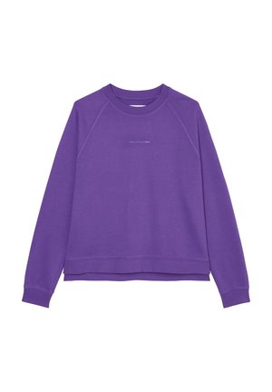 Sweat-shirt violet à manches longues et col rond avec petit texte blanc « Marc O' Polo DENIM » centré sur la poitrine, poignets et ourlet côtelés.