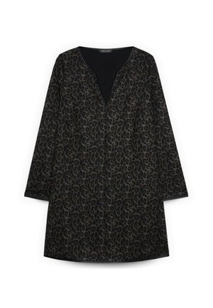 Zwarte tuniek met een luipaardprint in bruin tinten. V-hals ontwerp met lange mouwen en een comfortabele pasvorm, gemaakt van zachte stof.