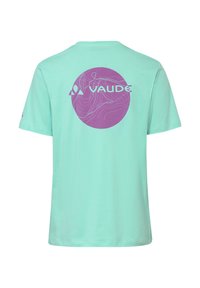 T-shirt à manches courtes turquoise clair avec une grande carte topographique circulaire violette et le logo "VAUDE" au dos.