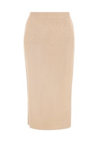Beige midi-hame, jossa on pehmeä rakenne ja joka on valmistettu joustavasta materiaalista. Hameessa on muotoiltu malli ja sileä vyötärö. Ei näkyviä kuvioita tai koristeita.