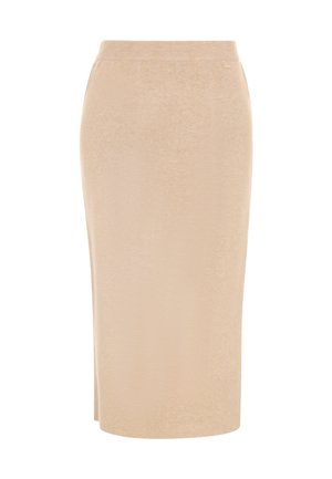 Fustă midi bej, cu o textură moale, realizată dintr-un material elastic. Are un design ajustat și un tiv neted. Fără modele sau accente vizibile.