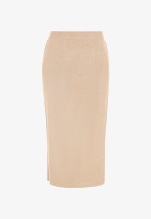 Beige midi skirt with a soft texture, made from stretchy material. Features a fitted design and a smooth waistband. No visible patterns or accents.