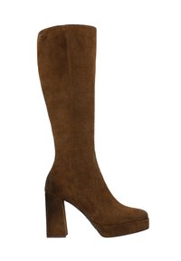 Braune Wildleder-Kniehohe Stiefel mit einem klobigen Blockabsatz und Plateau. Glatte Textur, nahtloses Design und runde Zehenform.