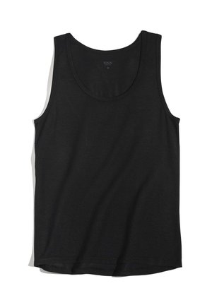 Schwarzes Baumwoll-Tanktop mit rundem Ausschnitt und ärmellosem Design. Verfügt über eine glatte Textur und einen leicht abgerundeten Saum. Logo in der Nähe des Ausschnitts.