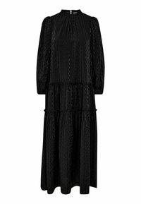 Black tiered dress with long balloon sleeves, textured fabric, high neck, and subtle vertical stripes. Features ruffled detailing at seams.
