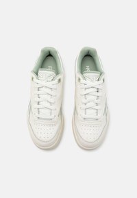 Pár bílých a světle zelených tenisek Reebok se šněrováním, z pohledu shora na jednobarevném bílém pozadí.