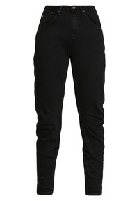 Czarne dżinsy o slim fit, z zapięciem na guzik i zamek, pięcioma kieszeniami i lekko chropowatą strukturą. Brak widocznych zdobień.