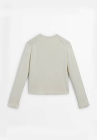 Hellbeige gestrickter Pullover mit langen Ärmeln, gerippter Textur und Rundhalsausschnitt. Besitzt ein kurzes Design und Raglanärmel-Nähte.
