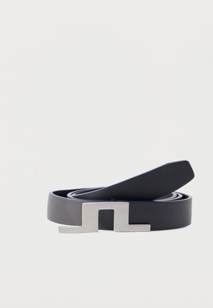 Black leather belt coiled with a silver metallic buckle shaped like a stylized letter "H" on a plain white background.