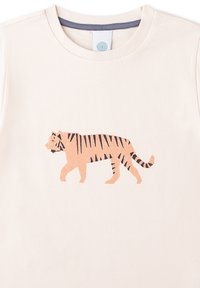 Hellbeige Baumwoll-T-Shirt mit einem stilisierten schwarzen Tiger-Print in Orange, rundem Ausschnitt und grauem Innenkragen.