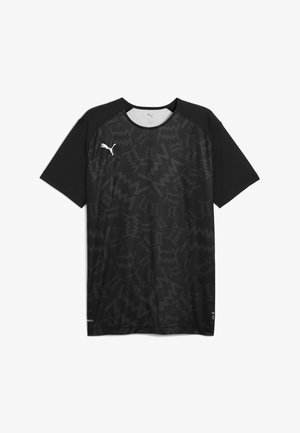 Czarna sportowa koszulka z krótkim rękawem z subtelnymi wzorami typu zygzak, białe logo Puma na prawej piersi i okrągłym dekoltem.