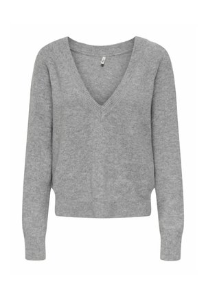 Pull gris à col en V avec des manches longues, fabriqué en tissu doux. Présente une coupe décontractée et des poignets et un ourlet côtelés.