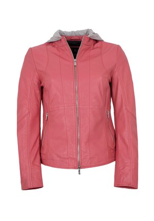 Rosa Lederjacke mit grauem Kapuzenhoodie, mit Reißverschluss vorne und zwei Seitentaschen. Verfügt über vertikale Nähte und eine taillierte Passform.
