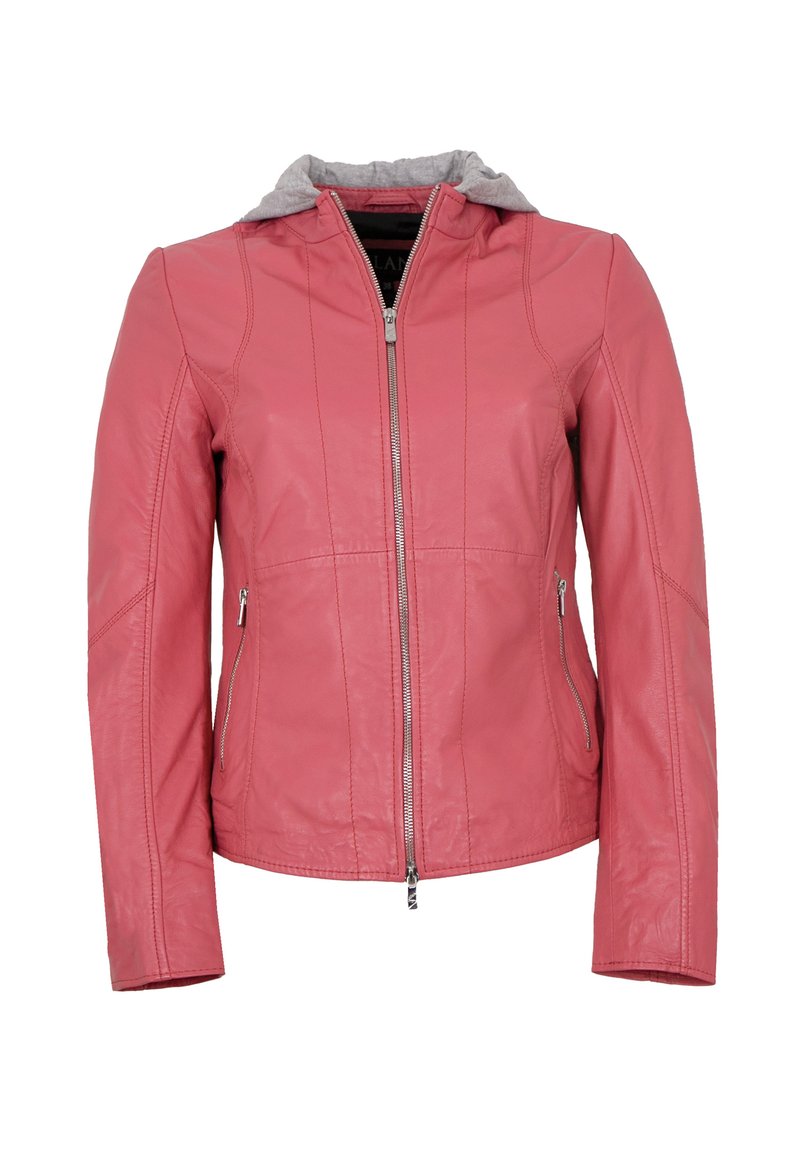 Rosa Lederjacke mit grauem Kapuzenhoodie, mit Reißverschluss vorne und zwei Seitentaschen. Verfügt über vertikale Nähte und eine taillierte Passform.