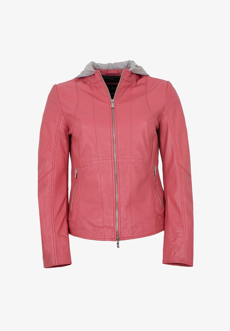 Rosa Lederjacke mit grauem Kapuzenhoodie, mit Reißverschluss vorne und zwei Seitentaschen. Verfügt über vertikale Nähte und eine taillierte Passform.