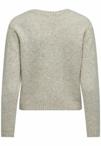 Lichtgrijs gebreid sweater met lange mouwen, geribbelde halslijn en zoom. Zachte textuur, cropped ontwerp en subtiel gemêleerd patroon.