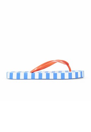 Chanclas de rayas azules y blancas con una suela texturizada, que presentan una tira de goma naranja. El diseño resalta un estilo casual de verano.