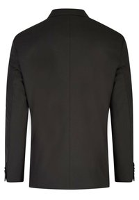 Schwarzer Blazer mit taillierter Passform, strukturierten Schultern und glattem Stoff. Verfügt über einen Schlitze hinten und Knopfakzente an den Ärmeln.