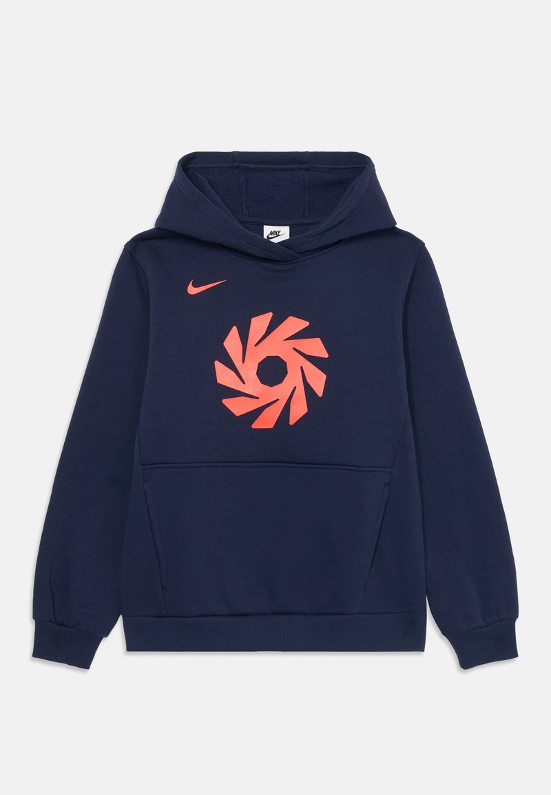 Ναυτικό μπλε φούτερ Nike με κόκκινο κυκλικό αφηρημένο λογότυπο και κόκκινο σούσι Nike στο στήθος, διαθέτοντας μπροστινή τσέπη καγκουρό και μακριά μανίκια.