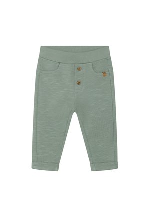 Hellgrüne Baumwollhosen mit weicher Textur, ausgestattet mit einem breiten Bund, zwei Fronttaschen und Holzknopfakzenten.
