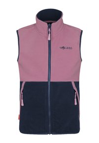 Ärmlös fleeceväst för barn med rosa övre del, marinblå undre del, frontdragkedja, två sidofickor med dragkedja och Trollkids-logotyp på bröstet.