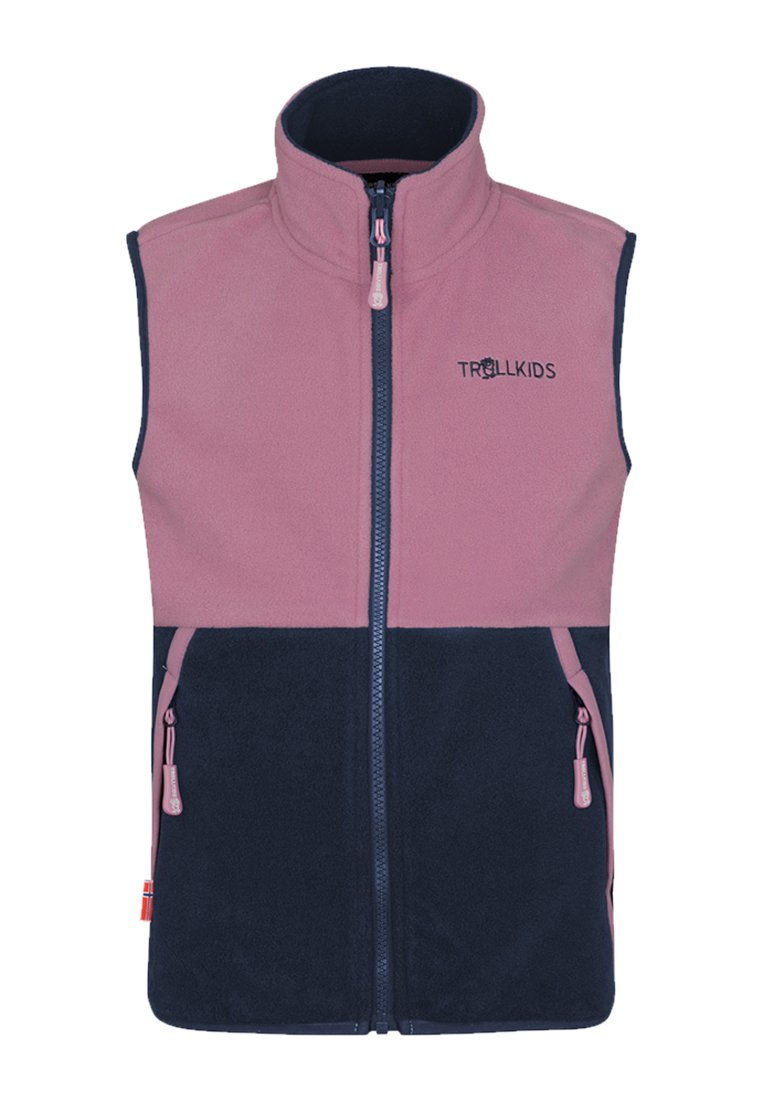Ärmlös fleeceväst för barn med rosa övre del, marinblå undre del, frontdragkedja, två sidofickor med dragkedja och Trollkids-logotyp på bröstet.