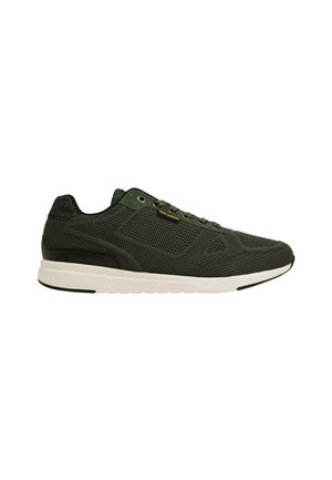 Dark green mesh sneaker with white sole, lace-up front, and black heel accent, shown from the side on a white background.