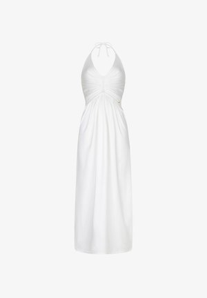 Weißes ärmelloses Maxikleid mit Neckholder, geraffter Brustpartie und fließendem Rock, mit einem kleinen goldenen Akzent an der Seite.