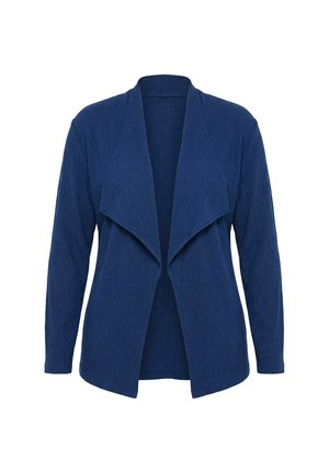Marineblauer, offen geschnittener Cardigan mit langen Ärmeln und strukturierter Stoffbeschaffenheit, ausgestattet mit einem weiten, drapierten Kragen.