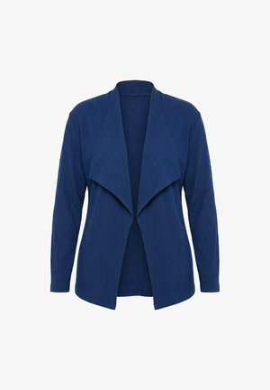 Marineblauwe openvallende cardigan met lange mouwen en een gestructureerde stof, voorzien van een brede gedrapeerde kraag.