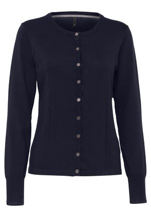 Navy blue cardigan made of soft knit fabric, featuring a round neckline, long sleeves, and a button-down front with silver-tone buttons.