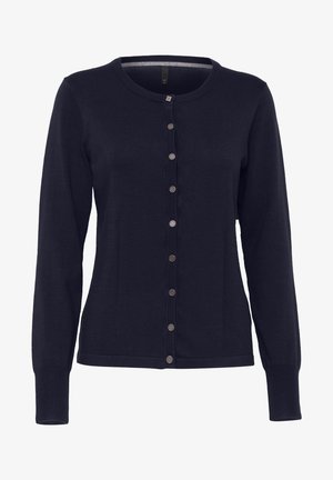 Navy blue cardigan made of soft knit fabric, featuring a round neckline, long sleeves, and a button-down front with silver-tone buttons.