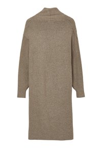 Cardigan lungo fino al ginocchio, con maniche lunghe in tessuto lavorato di colore marrone chiaro. Presenta un colletto alto e una vestibilità comoda con spacchi laterali.