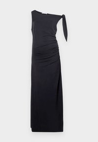 Black, one-shoulder dress made from soft fabric, featuring side ruching and a tie detail at the shoulder. Long and fitted silhouette.