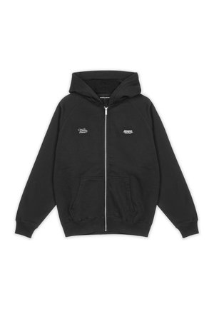 Black zip-up hoodie made of soft fabric, featuring a spacious hood, two front pockets, and embroidered logos on the chest.