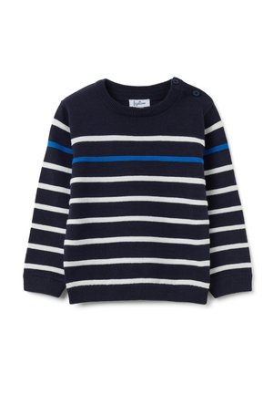 Maglione lavorato a maglia blu navy con righe orizzontali bianche e blu. Presenta un colletto a girocollo a coste e bottoni sulla spalla sinistra.