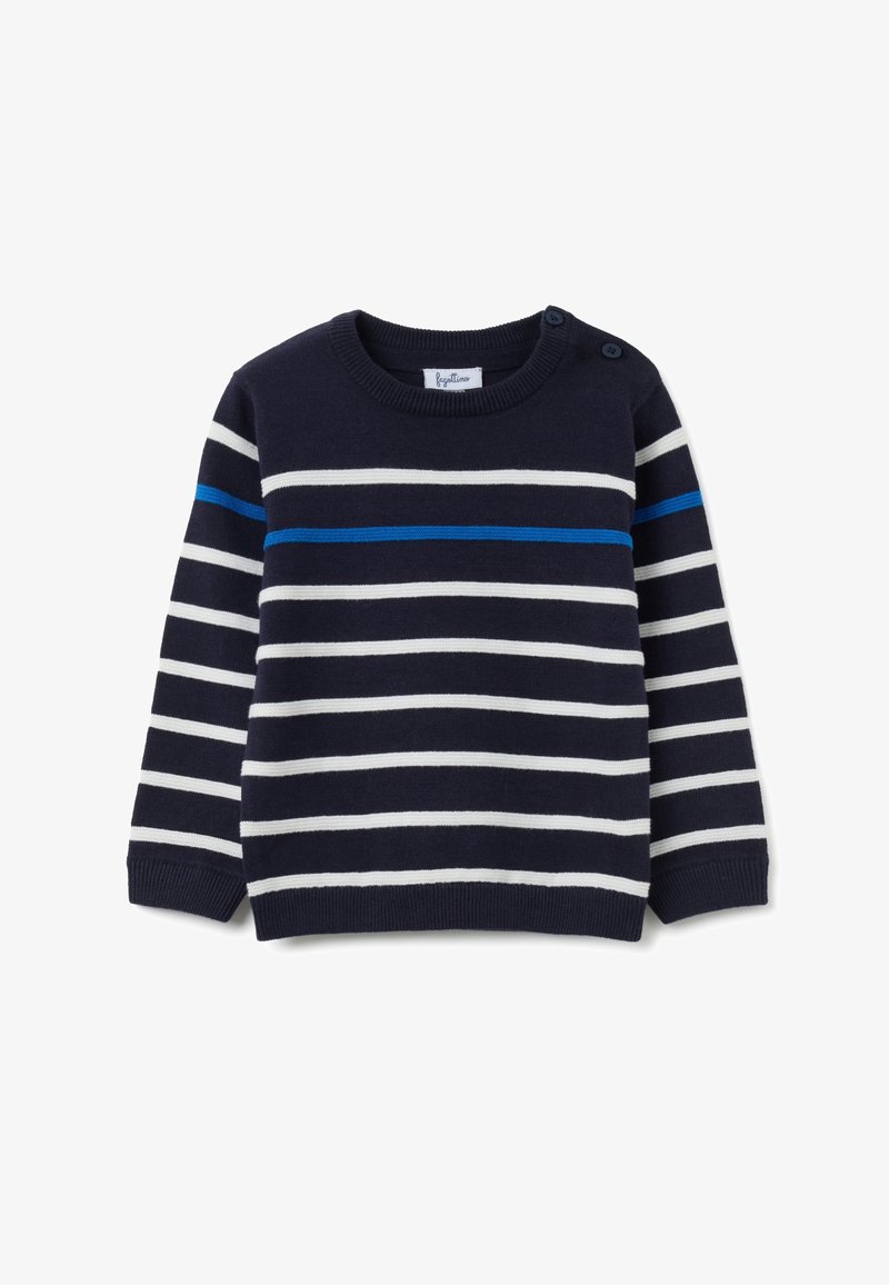 Marineblauer gestrickter Pullover mit weißen und blauen horizontalen Streifen. Verfügt über einen gerippten Rundhalsausschnitt und Knöpfe an der linken Schulter.